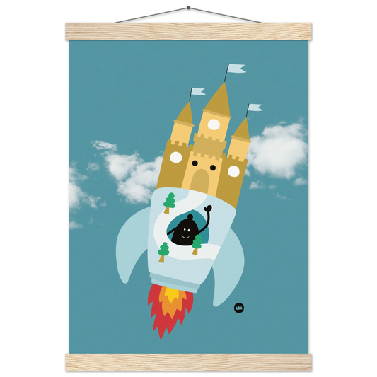 Affiche pour décoration de chambre d'enfant suspendue avec des baguettes en bois, illustrant une fusée château fort