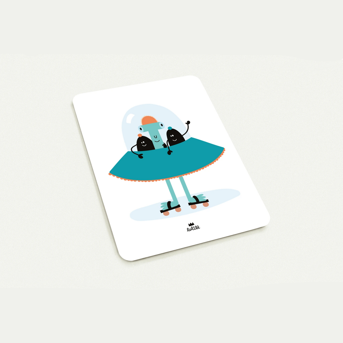 Jolie carte postale ou invitation pour enfant, soucoupe volante, patins à roulettes