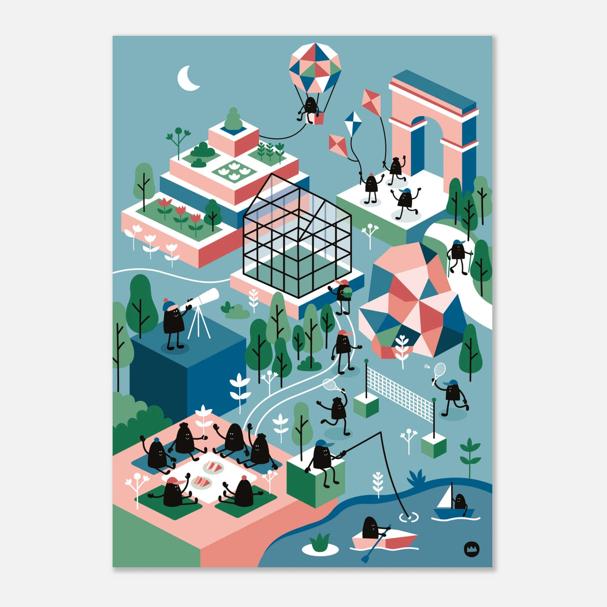 Affiche illustrée Lolilé en perspective isométrique montrant un parc animé : personnages noirs pique-niquant, faisant du cerf-volant, de la montgolfière et de la barque.