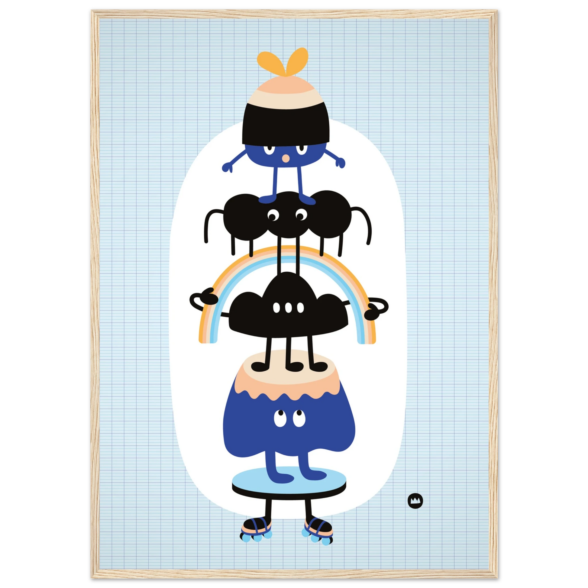 Affiche pour chambre d'enfant "Les amis perchés" signée Lolilé, montrant un totem vertical de petits personnages rigolos et colorés en équilibre.