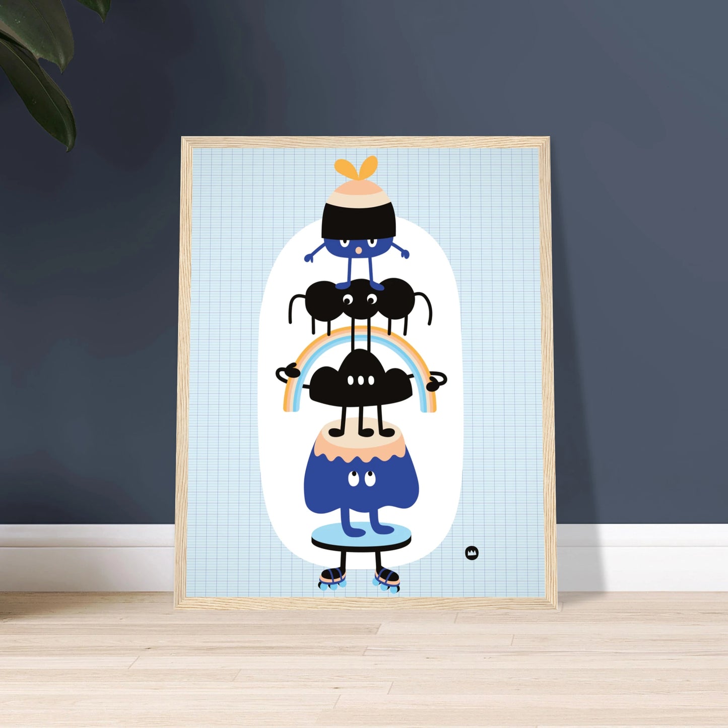 Affiche pour chambre d'enfant "Les amis perchés" signée Lolilé, montrant un totem vertical de petits personnages rigolos et colorés en équilibre.