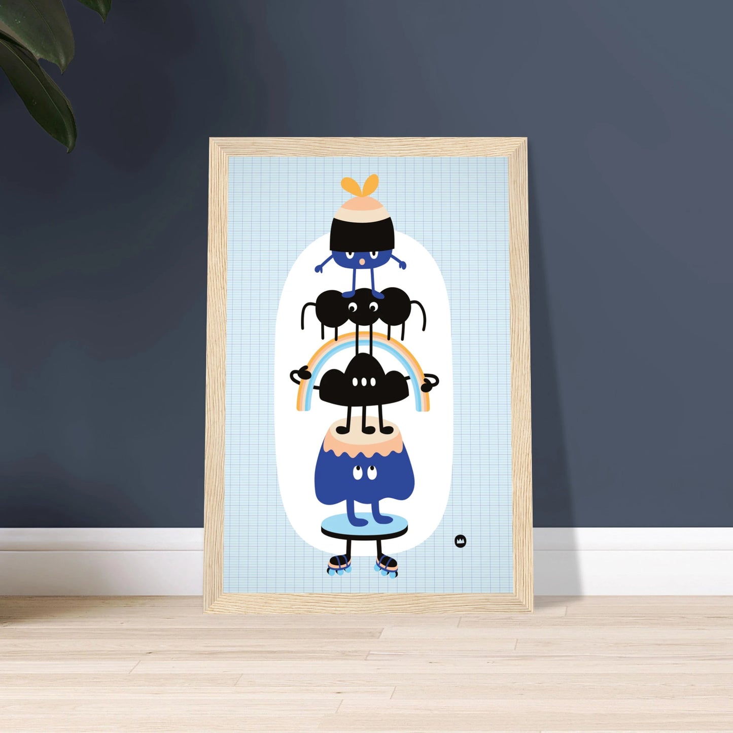 Affiche pour chambre d'enfant "Les amis perchés" signée Lolilé, montrant un totem vertical de petits personnages rigolos et colorés en équilibre.