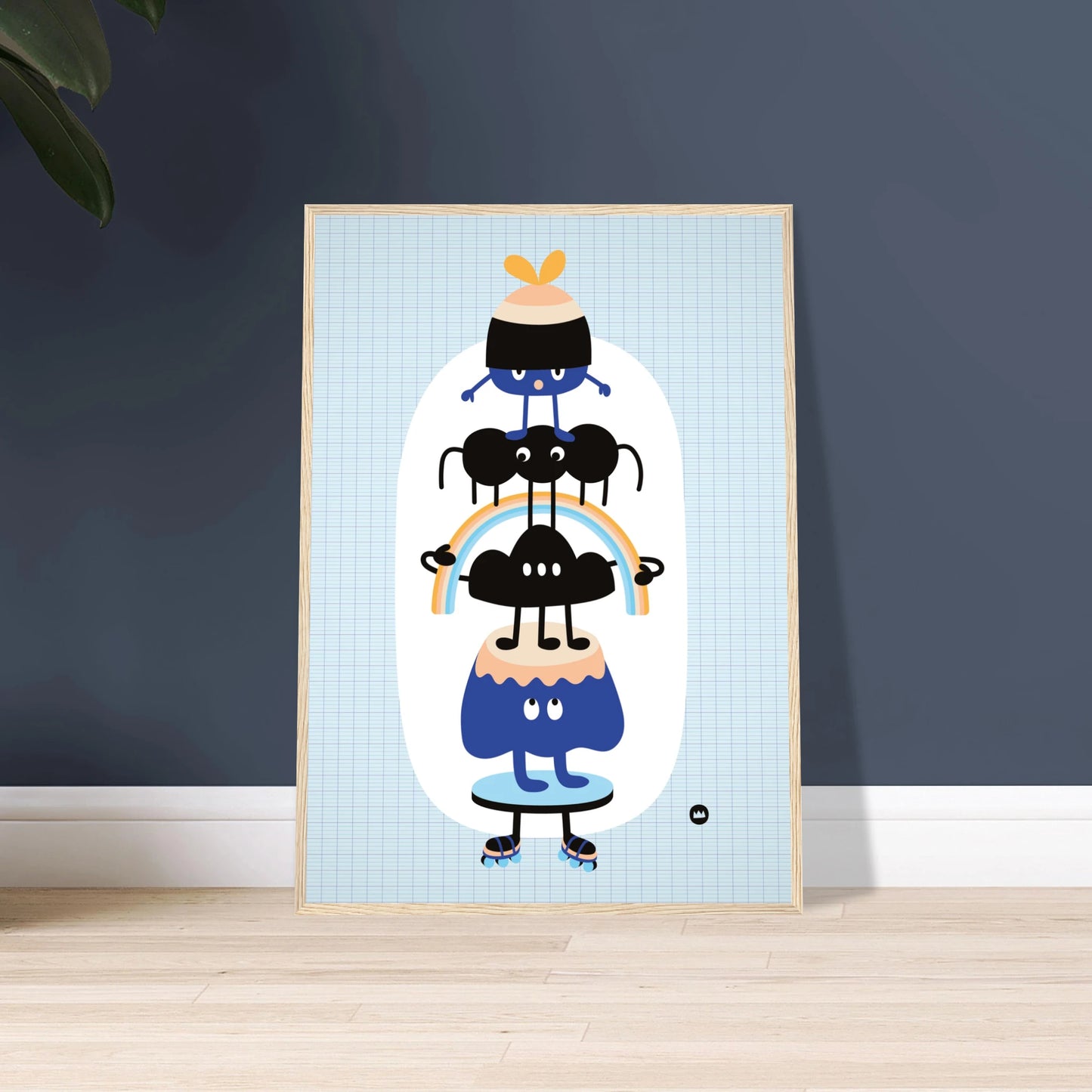 Affiche pour chambre d'enfant "Les amis perchés" signée Lolilé, montrant un totem vertical de petits personnages rigolos et colorés en équilibre.