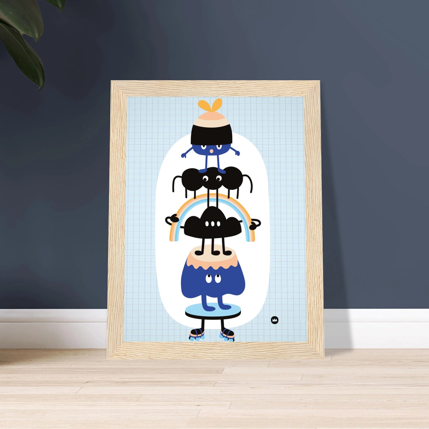 Affiche pour chambre d'enfant "Les amis perchés" signée Lolilé, montrant un totem vertical de petits personnages rigolos et colorés en équilibre.