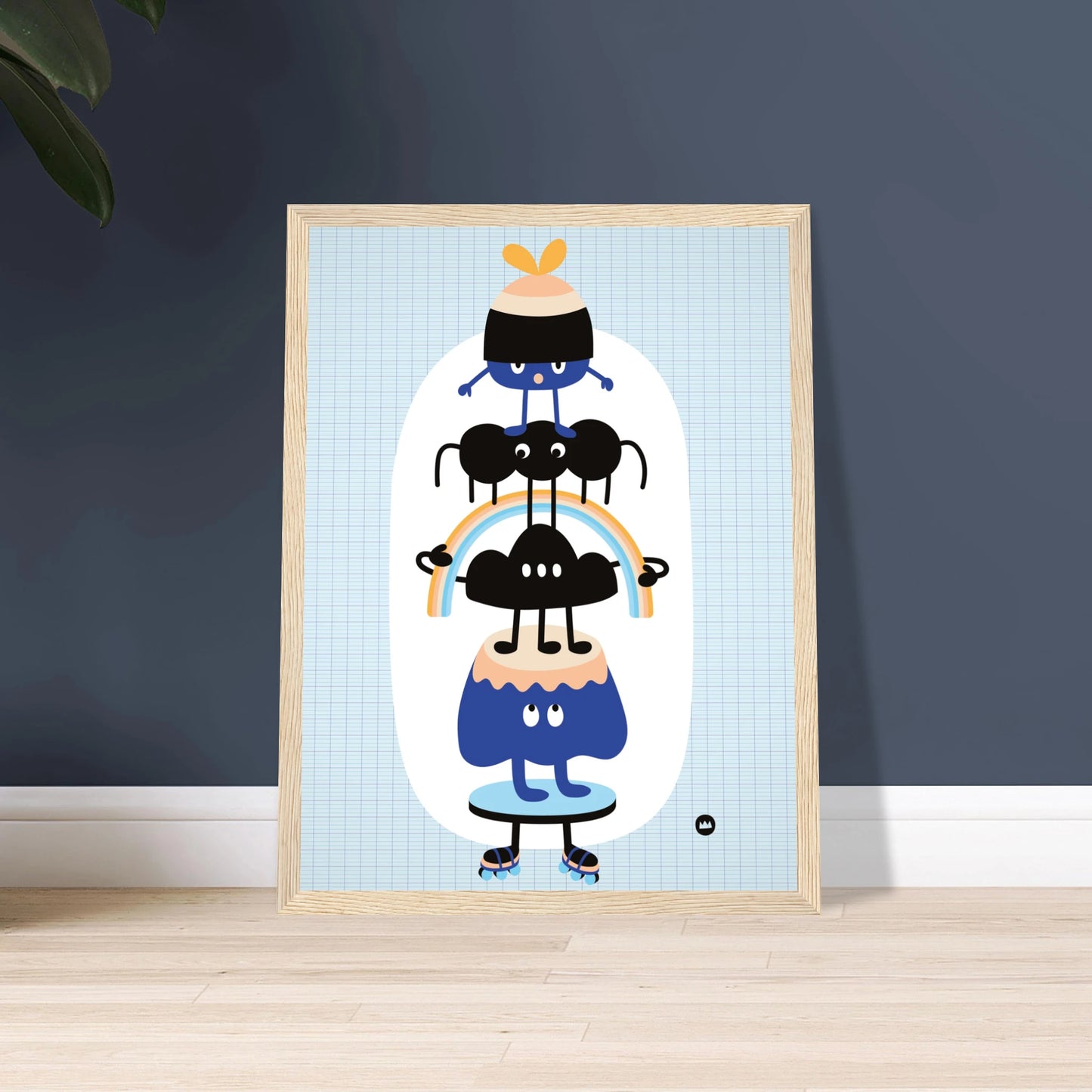 Affiche pour chambre d'enfant "Les amis perchés" signée Lolilé, montrant un totem vertical de petits personnages rigolos et colorés en équilibre.