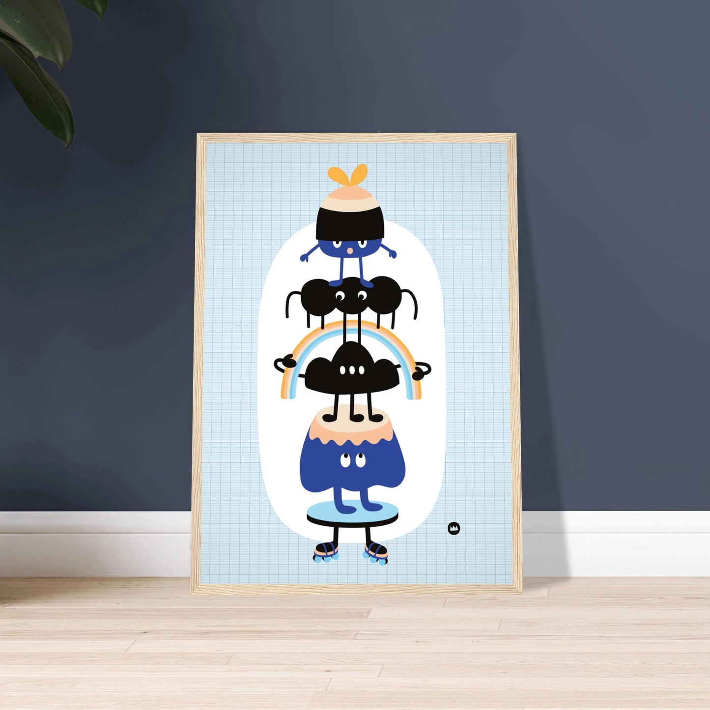 Affiche pour chambre d'enfant "Les amis perchés" signée Lolilé, montrant un totem vertical de petits personnages rigolos et colorés en équilibre.