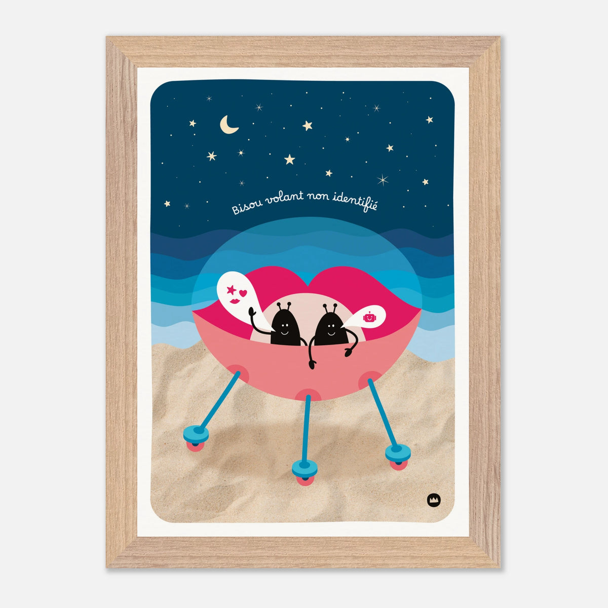 Affiche illustrée poétique "Bisou volant non identifié" de Lolilé, représentant un vaisseau spatial en forme de lèvres sur une plage sous un ciel étoilé avec de petits personnages.