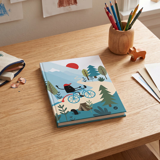Carnet de notes à couverture rigide Lolilé, illustré d'un paysage de montagne poétique avec un personnage à vélo tractant une caravane.