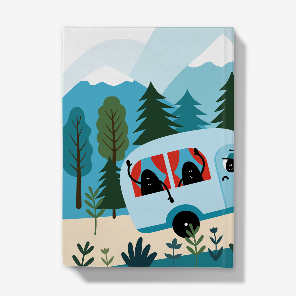 Carnet de notes à couverture rigide Lolilé, illustré d'un paysage de montagne poétique avec un personnage à vélo tractant une caravane.