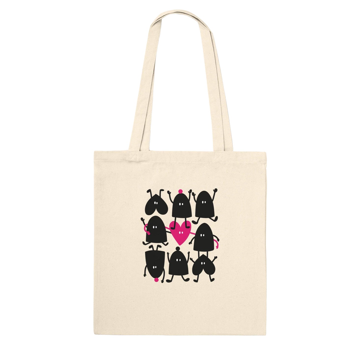 Tote bag en coton écru Lolilé avec une illustration de personnages rigolos et d'un grand cœur rose, sac cabas poétique pour enfant et adulte.