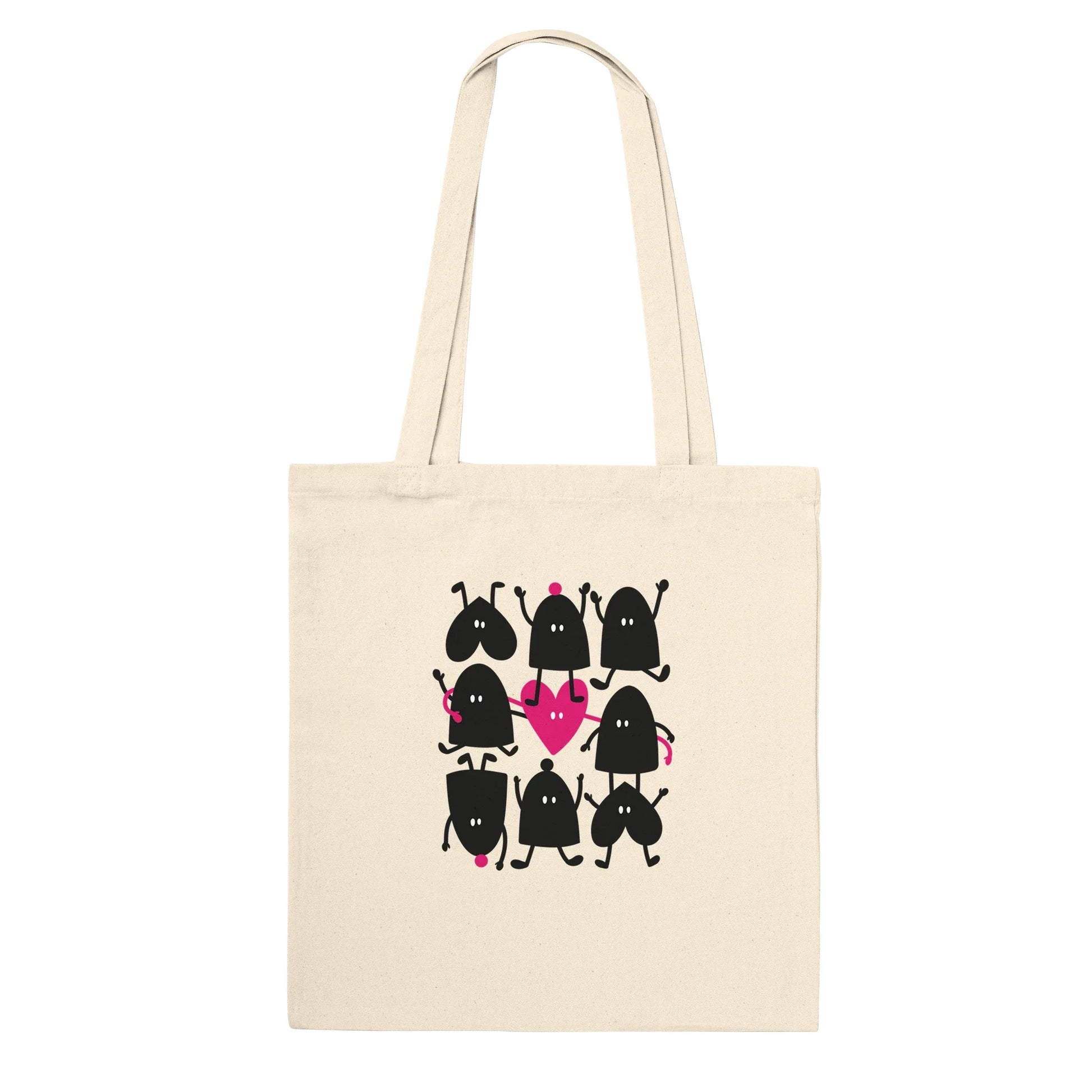 Tote bag en coton écru Lolilé avec une illustration de personnages rigolos et d'un grand cœur rose, sac cabas poétique pour enfant et adulte.