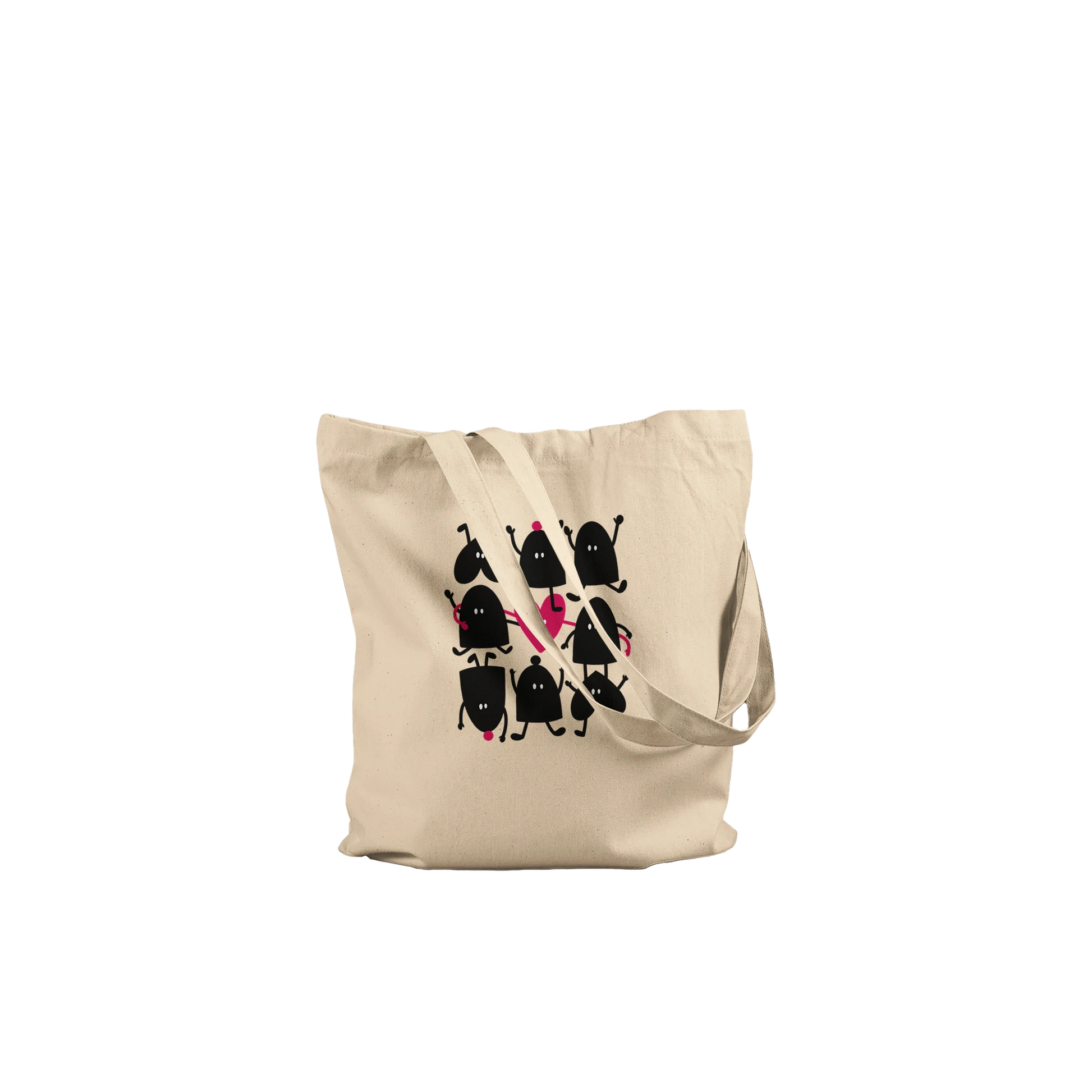 Tote bag en coton écru Lolilé avec une illustration de personnages rigolos et d'un grand cœur rose, sac cabas poétique pour enfant et adulte.