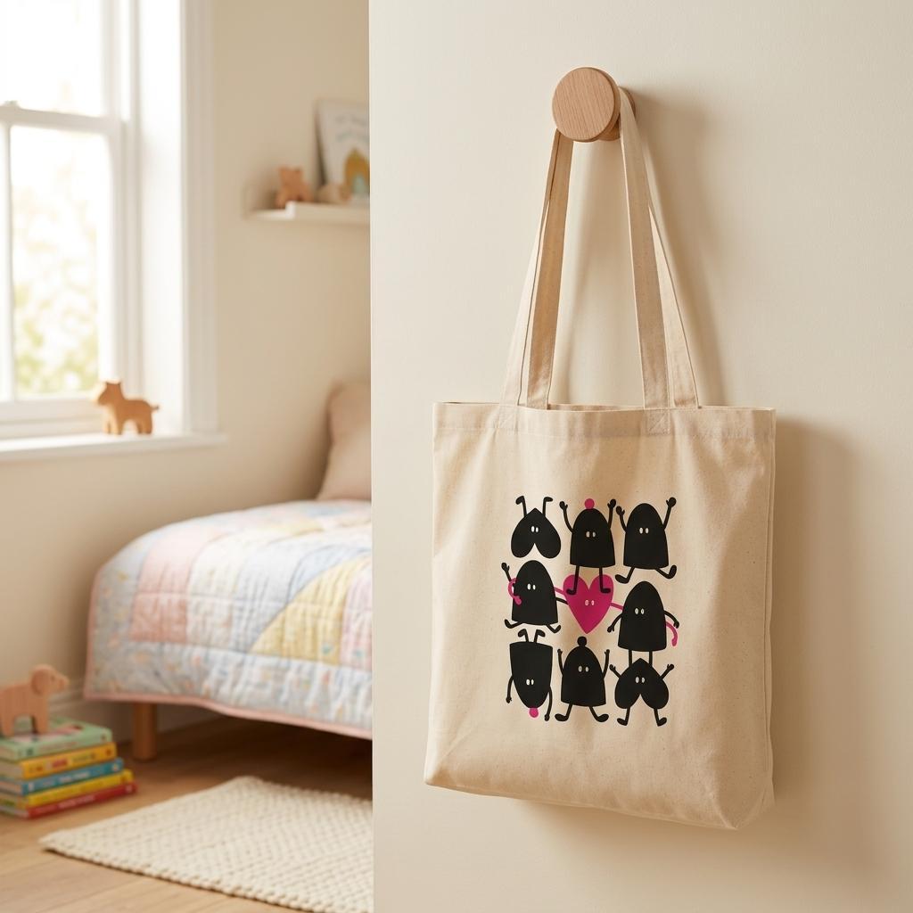 Tote bag en coton écru Lolilé avec une illustration de personnages rigolos et d'un grand cœur rose, sac cabas poétique pour enfant et adulte.