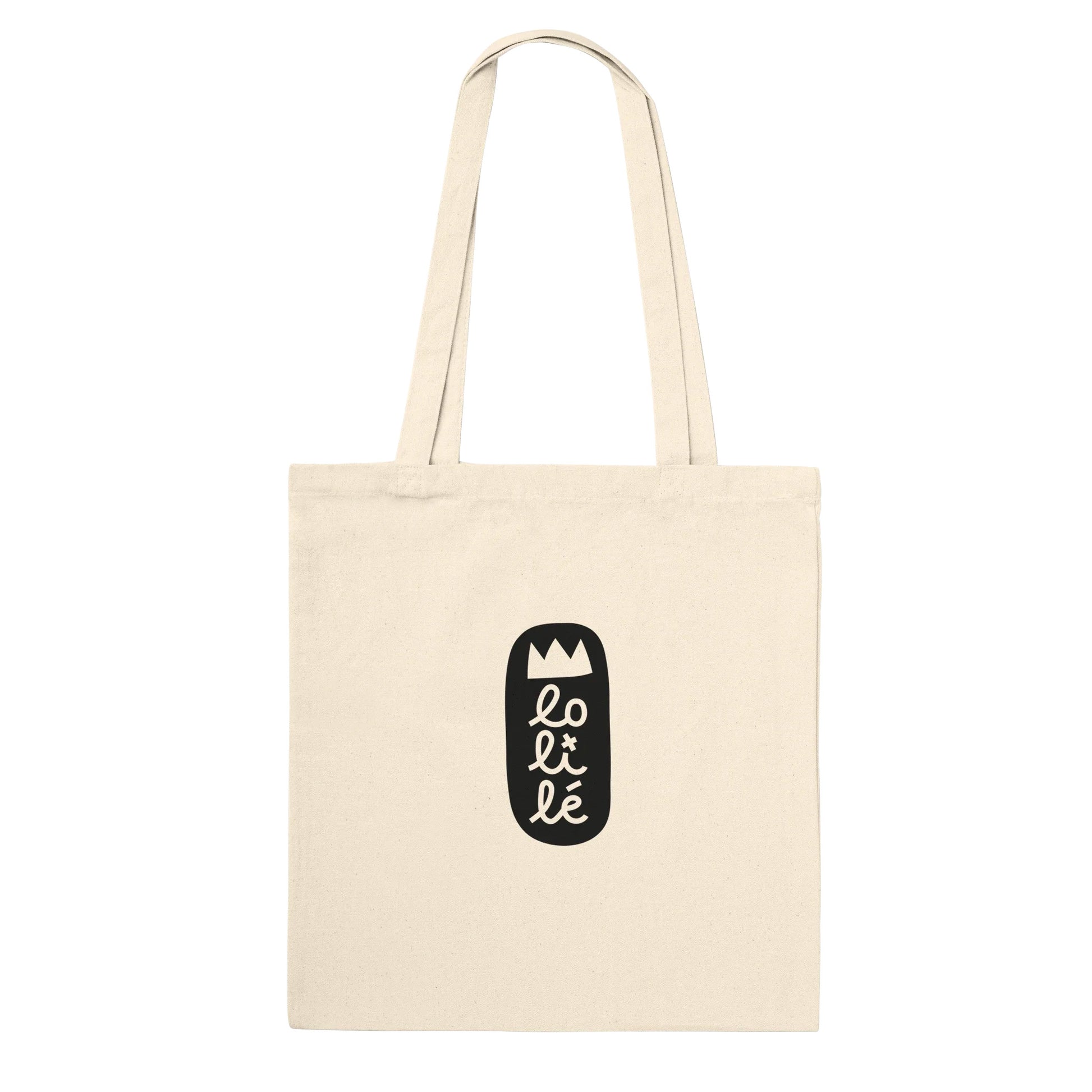 Tote bag en coton écru Lolilé avec une illustration de personnages rigolos et d'un grand cœur rose, sac cabas poétique pour enfant et adulte.