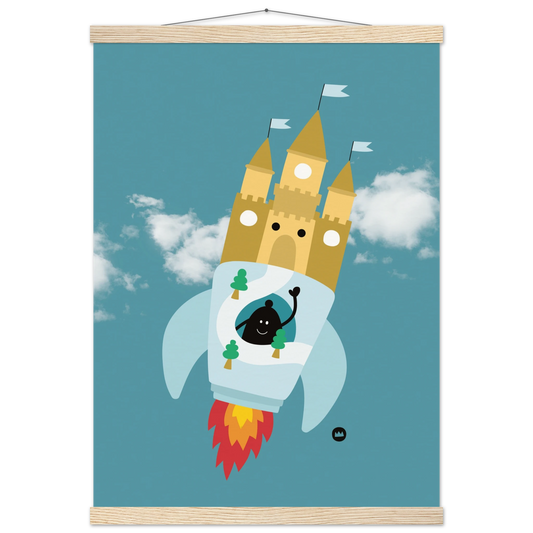 Affiche pour décoration de chambre d'enfant suspendue avec des baguettes en bois, illustrant une fusée château fort