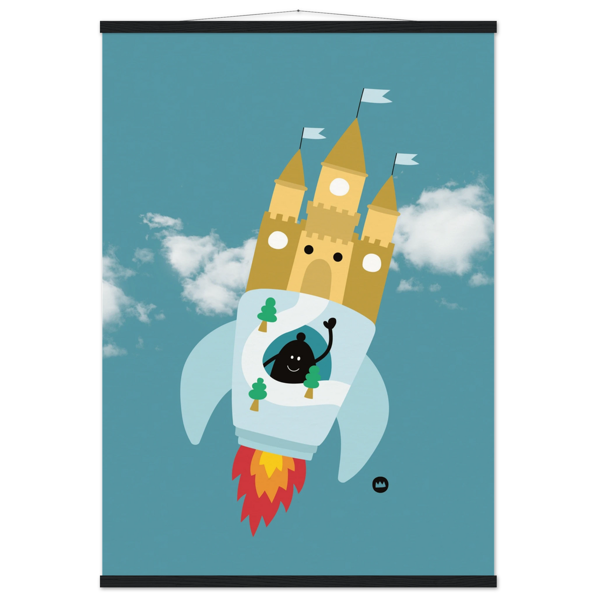 Affiche pour décoration de chambre d'enfant suspendue avec des baguettes en bois, illustrant une fusée château fort