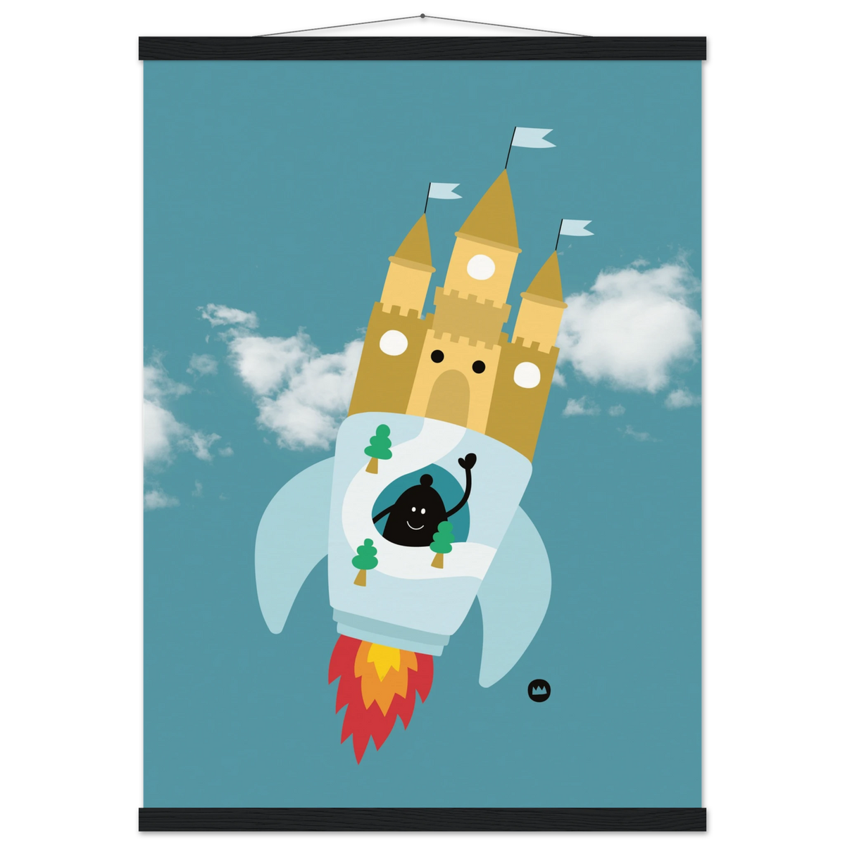 Affiche pour décoration de chambre d'enfant suspendue avec des baguettes en bois, illustrant une fusée château fort