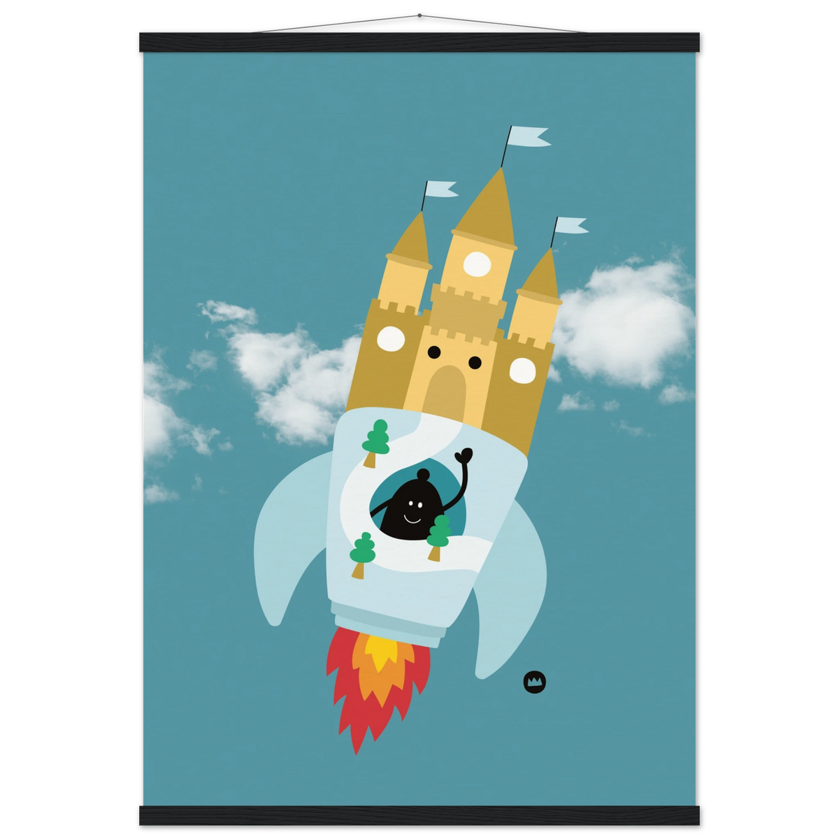 Affiche pour décoration de chambre d'enfant suspendue avec des baguettes en bois, illustrant une fusée château fort
