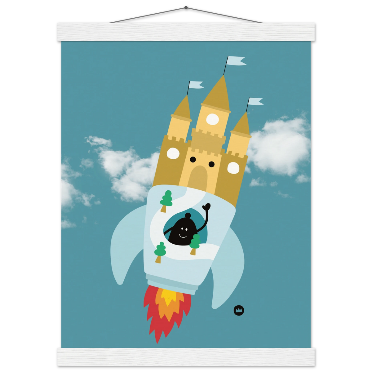 Affiche pour décoration de chambre d'enfant suspendue avec des baguettes en bois, illustrant une fusée château fort