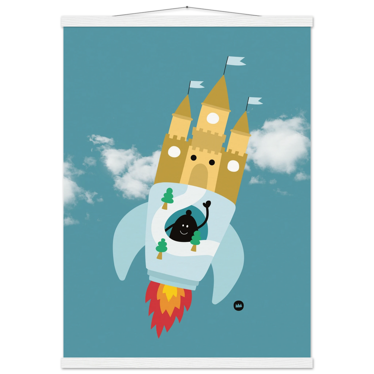 Affiche pour décoration de chambre d'enfant suspendue avec des baguettes en bois, illustrant une fusée château fort