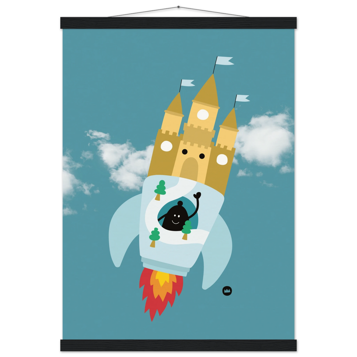 Affiche pour décoration de chambre d'enfant suspendue avec des baguettes en bois, illustrant une fusée château fort