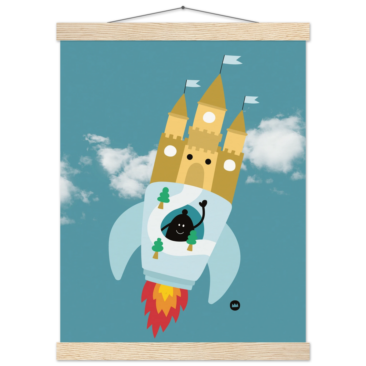 Affiche pour décoration de chambre d'enfant suspendue avec des baguettes en bois, illustrant une fusée château fort