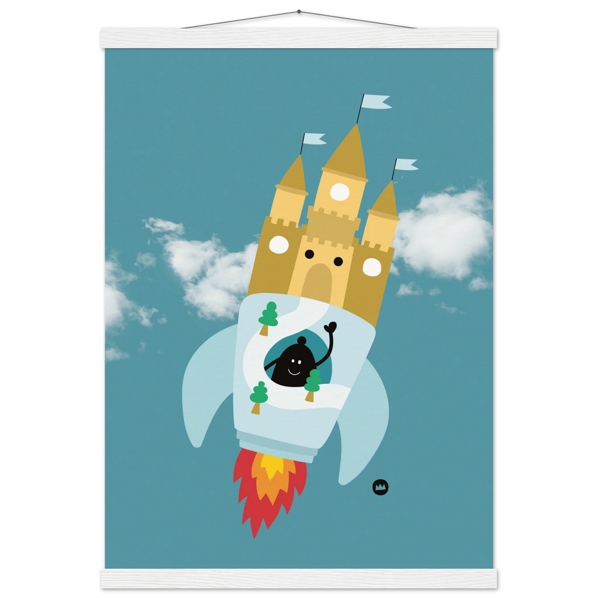 Affiche pour décoration de chambre d'enfant suspendue avec des baguettes en bois, illustrant une fusée château fort