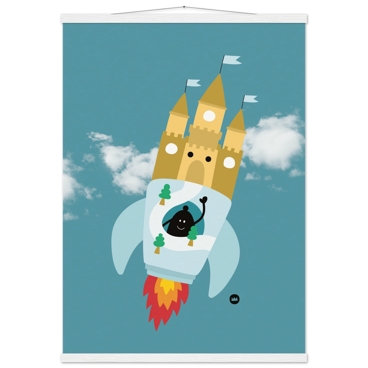 Affiche pour décoration de chambre d'enfant suspendue avec des baguettes en bois, illustrant une fusée château fort