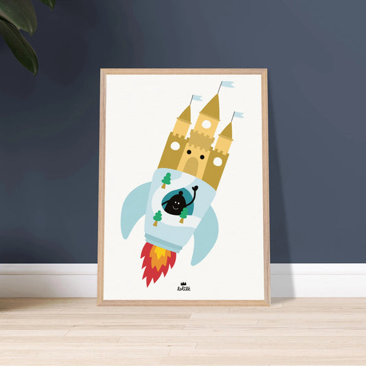 Affiche et carte pour décoration de chambre d'enfant dans un cadre en bois, illustrant une fusée en forme de château fort