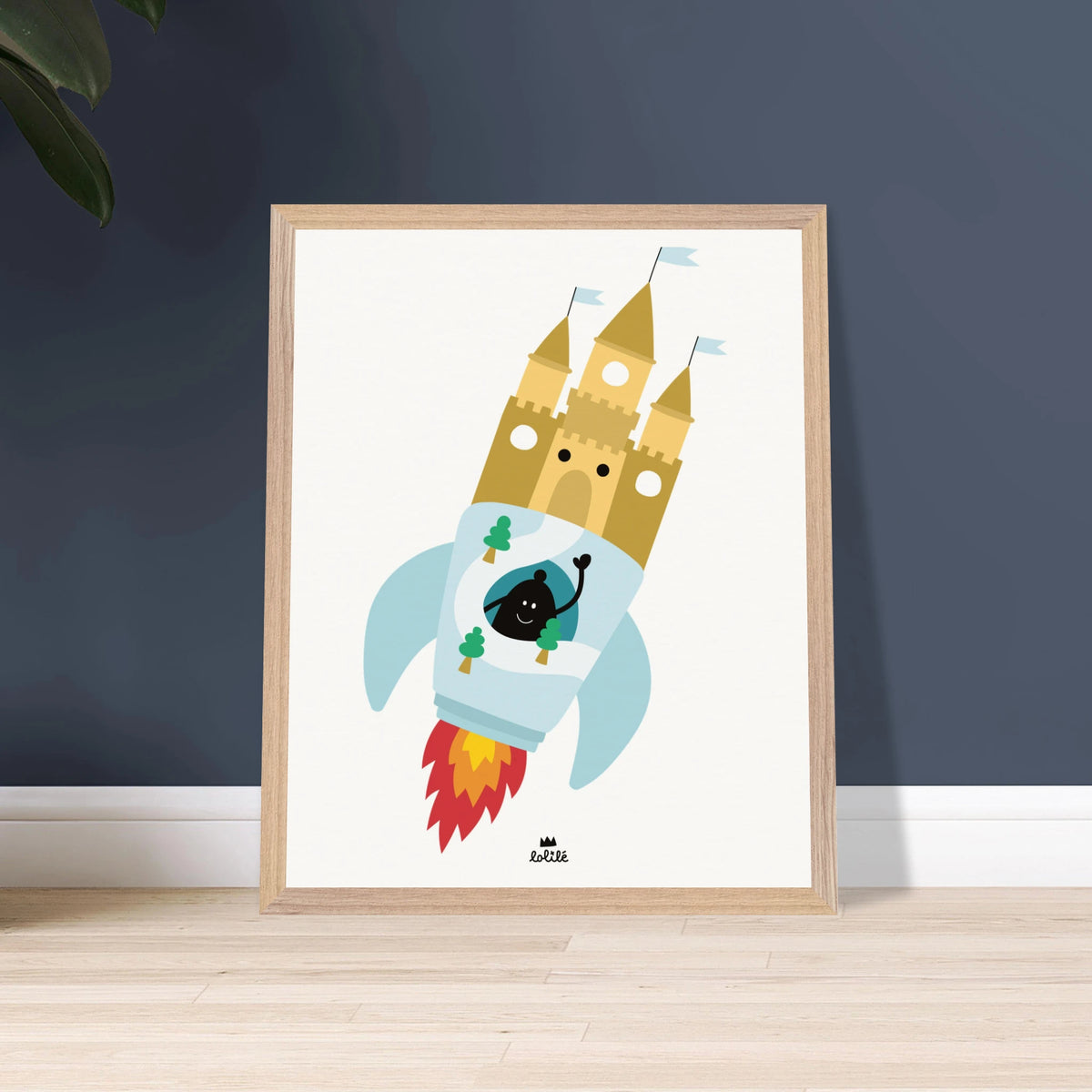 Affiche et carte pour décoration de chambre d'enfant dans un cadre en bois, illustrant une fusée en forme de château fort