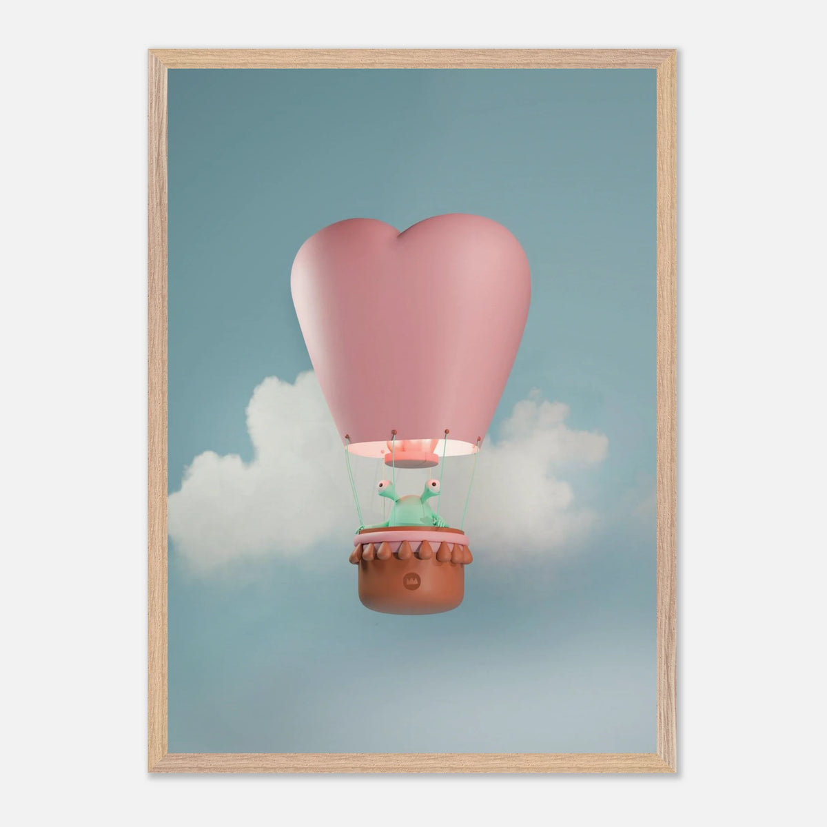 Affiche encadrée en bois pour décoration de chambre d'enfant représentant une montgolfière en forme de cœur volant dans les nuages