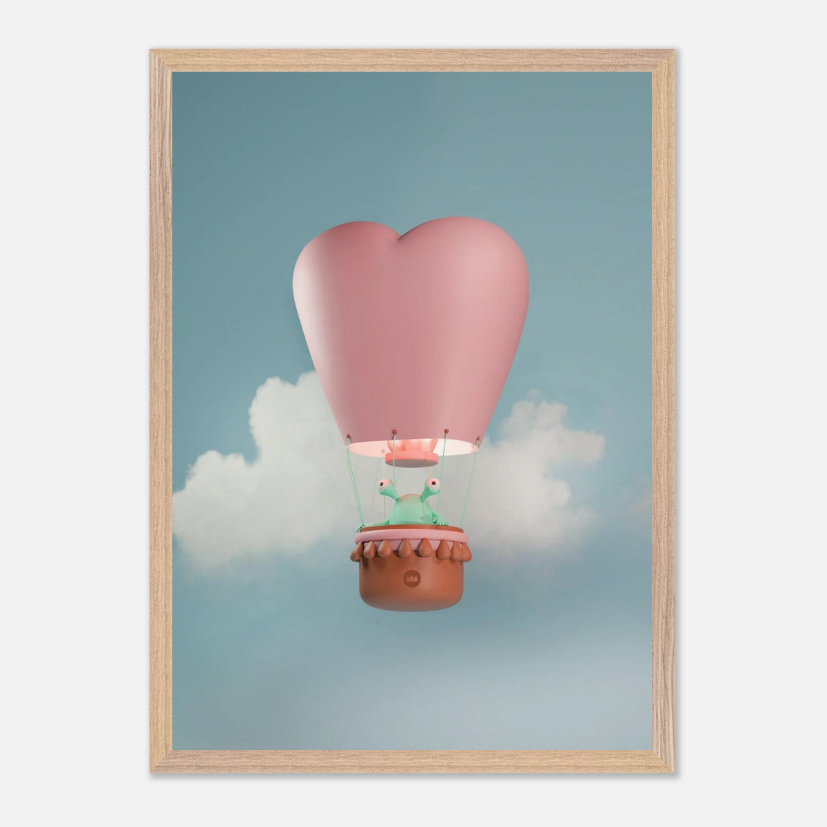 Affiche encadrée en bois pour décoration de chambre d'enfant représentant une montgolfière en forme de cœur volant dans les nuages