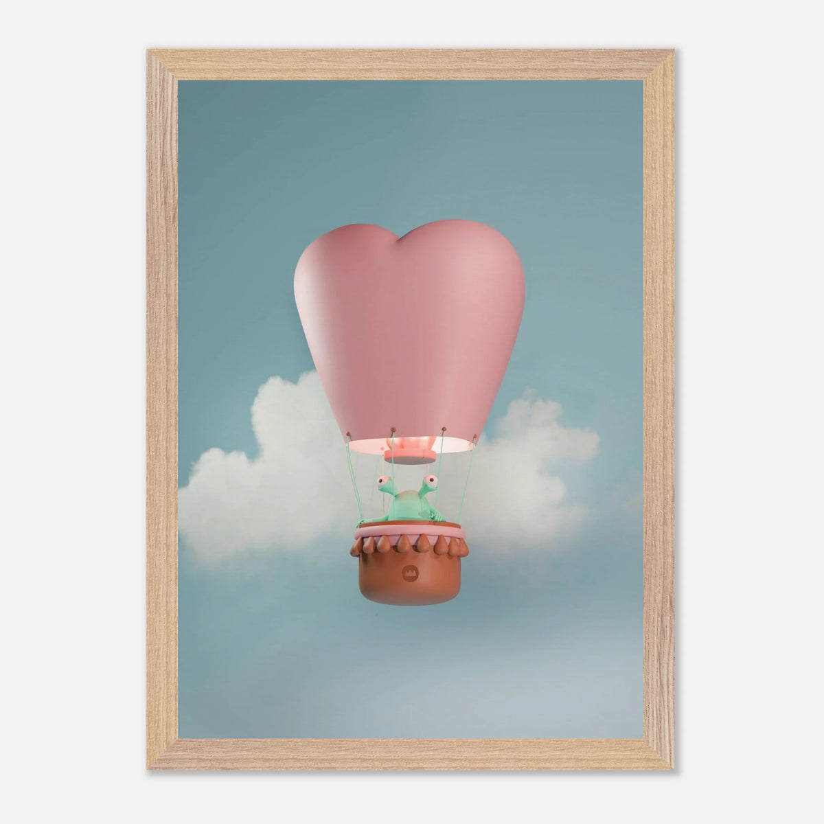 Affiche encadrée en bois pour décoration de chambre d'enfant représentant une montgolfière en forme de cœur volant dans les nuages