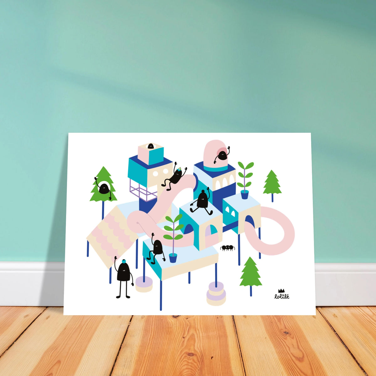 Affiche et carte pour décoration de chambre d'enfant illustrant un village imaginaire coloré