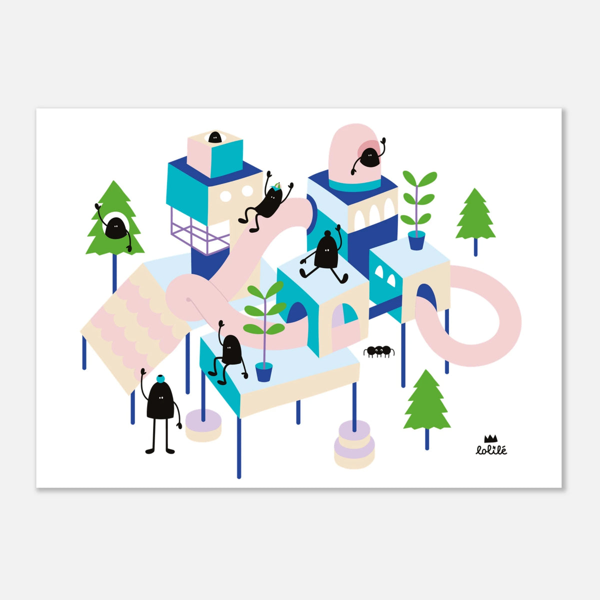 Affiche et carte pour décoration de chambre d'enfant illustrant un village imaginaire coloré