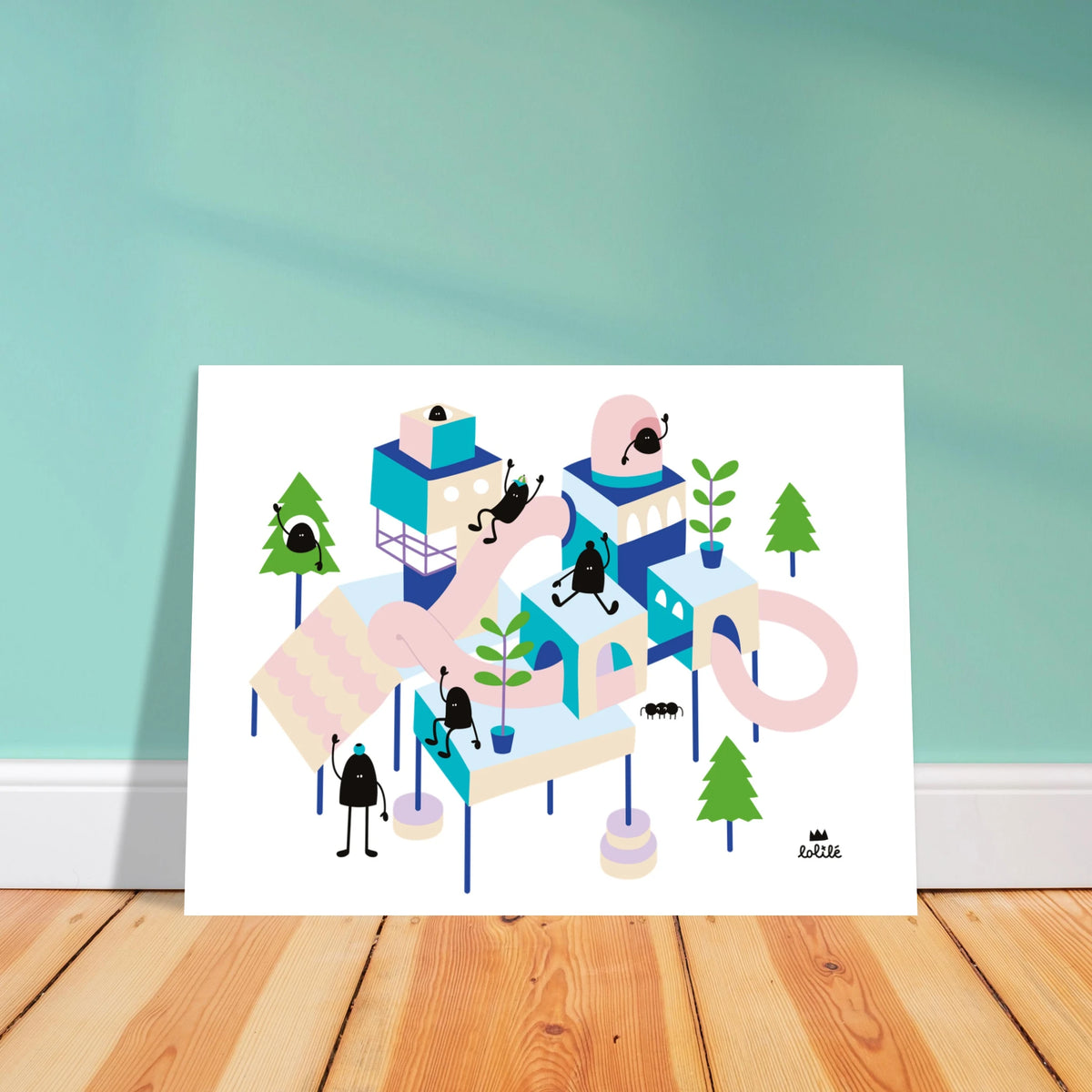 Affiche et carte pour décoration de chambre d'enfant illustrant un village imaginaire coloré