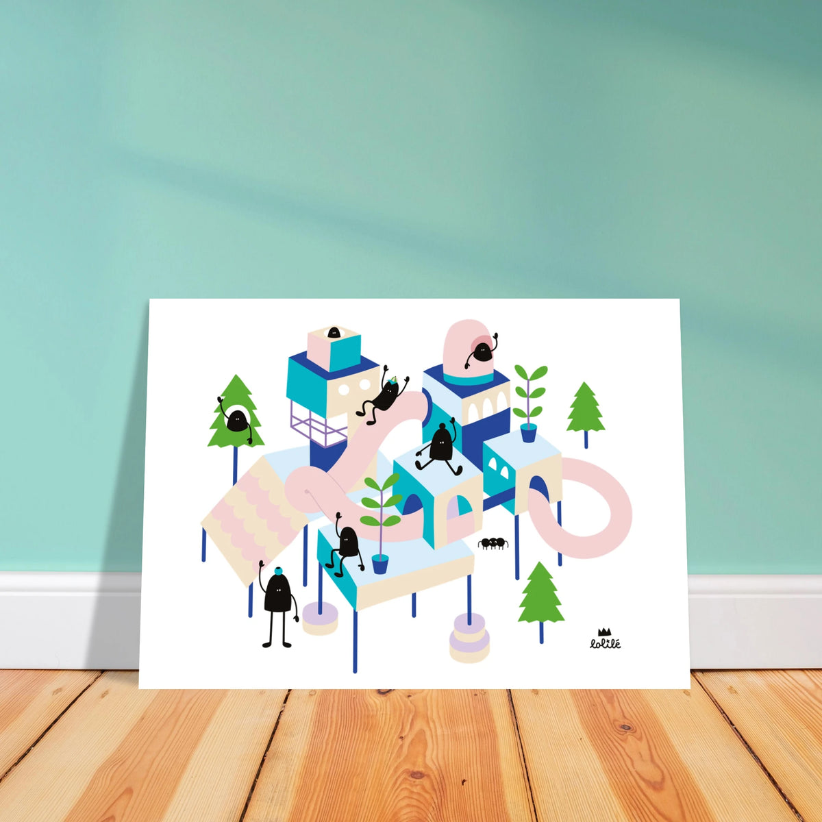Affiche et carte pour décoration de chambre d'enfant illustrant un village imaginaire coloré
