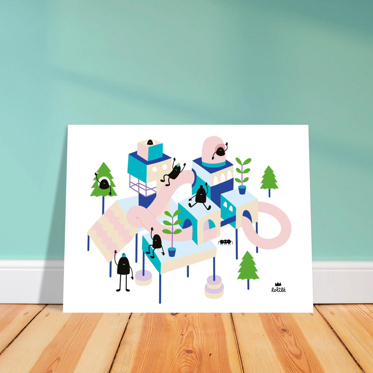 Affiche et carte pour décoration de chambre d'enfant illustrant un village imaginaire coloré