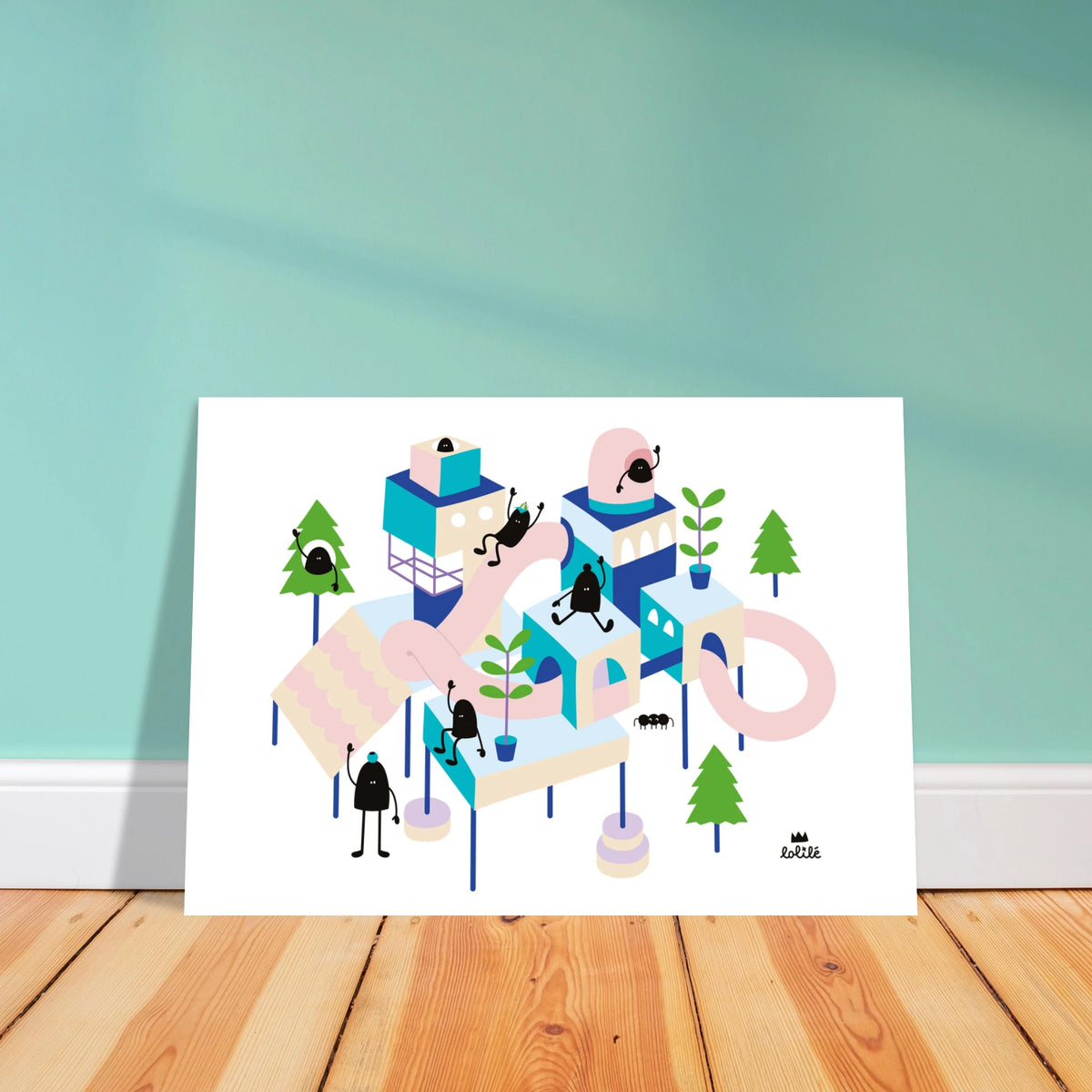 Affiche et carte pour décoration de chambre d'enfant illustrant un village imaginaire coloré