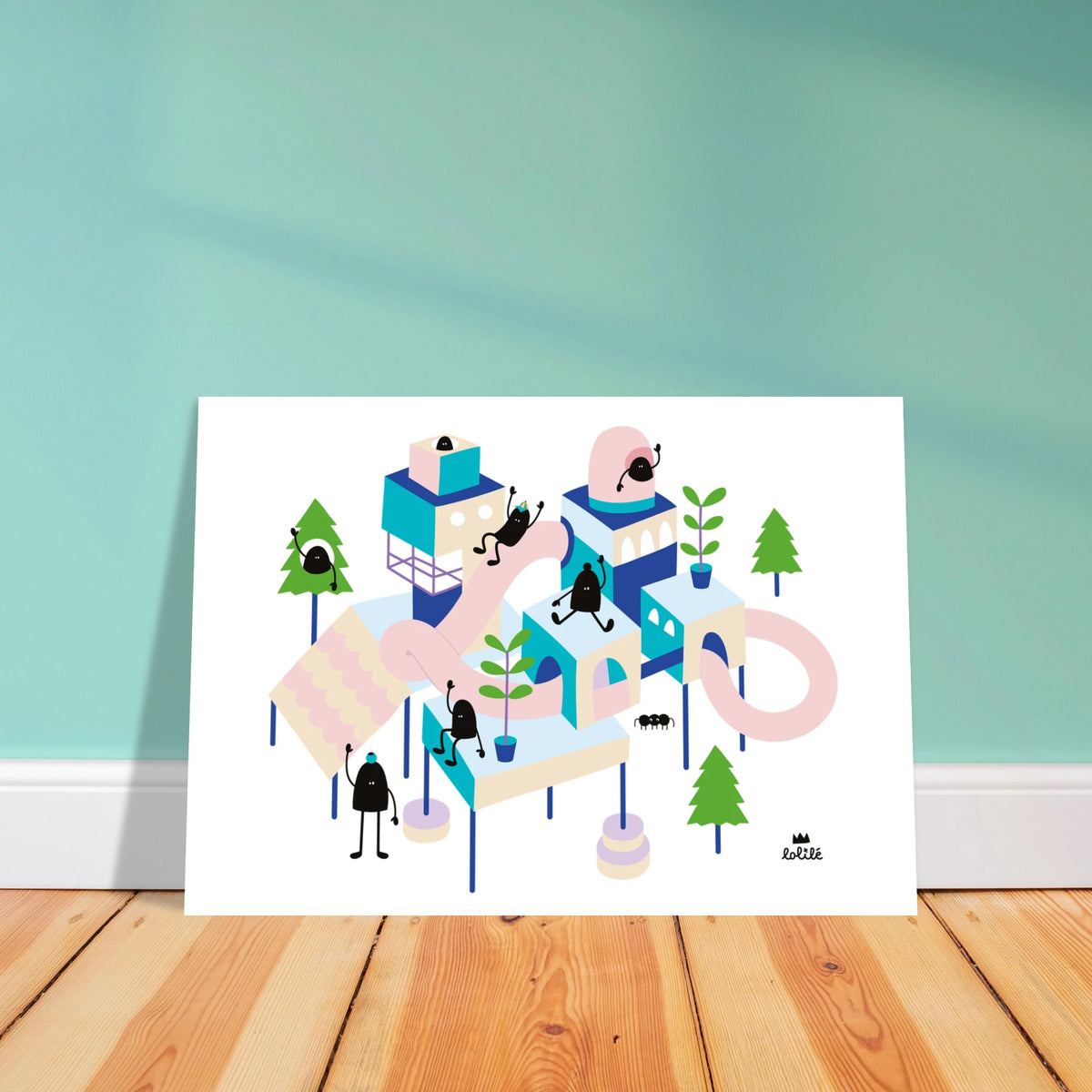 Affiche et carte pour décoration de chambre d'enfant illustrant un village imaginaire coloré
