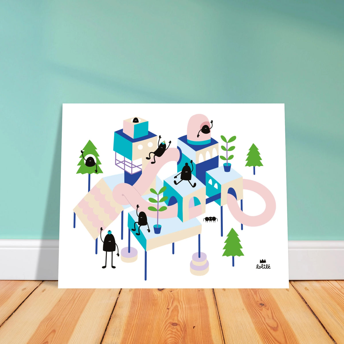 Affiche et carte pour décoration de chambre d'enfant illustrant un village imaginaire coloré