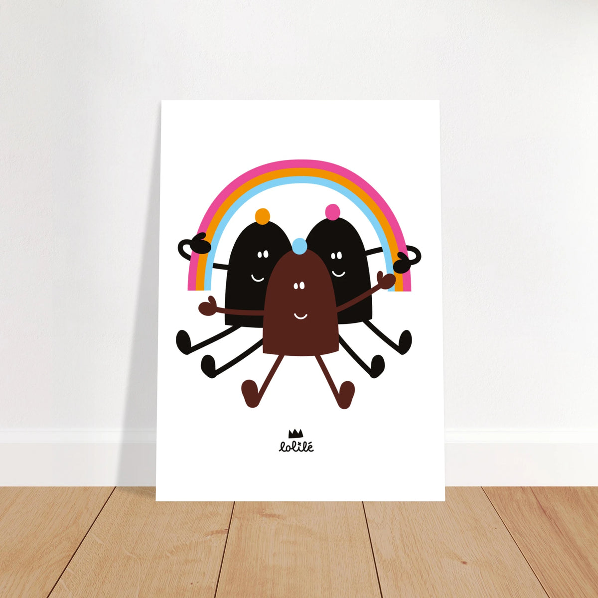 Affiche et carte décorative colorée illustrant des petits personnages joyeux portant un arc-en-ciel