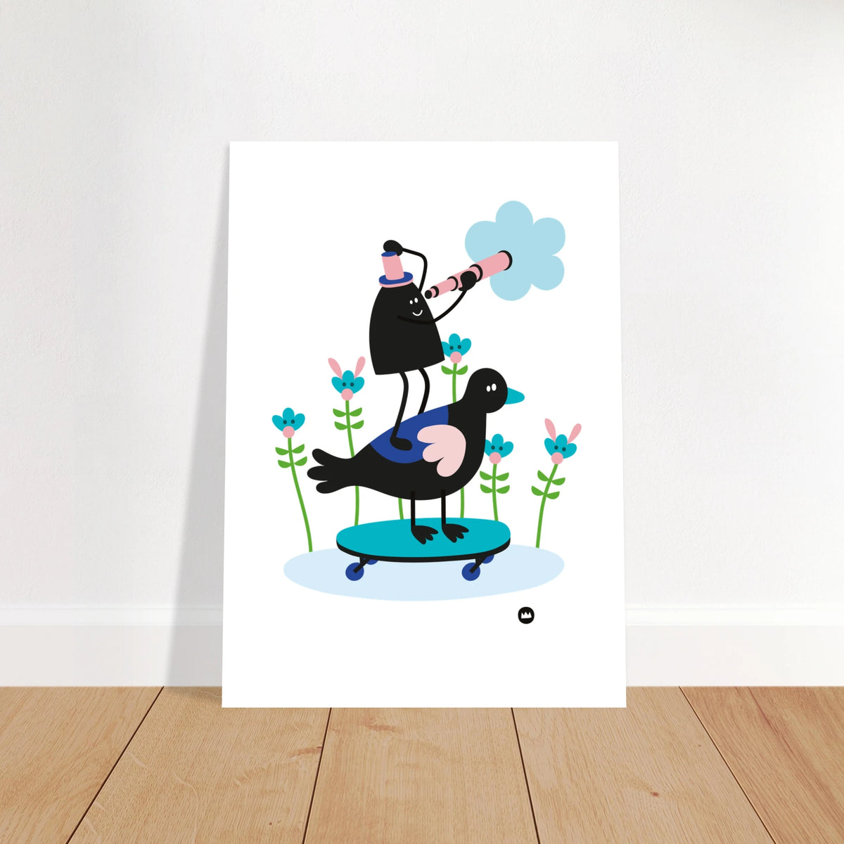 Affiche et carte décorative illustrant un personnage avec une longue-vue sur un oiseau dans un paysage fleuri