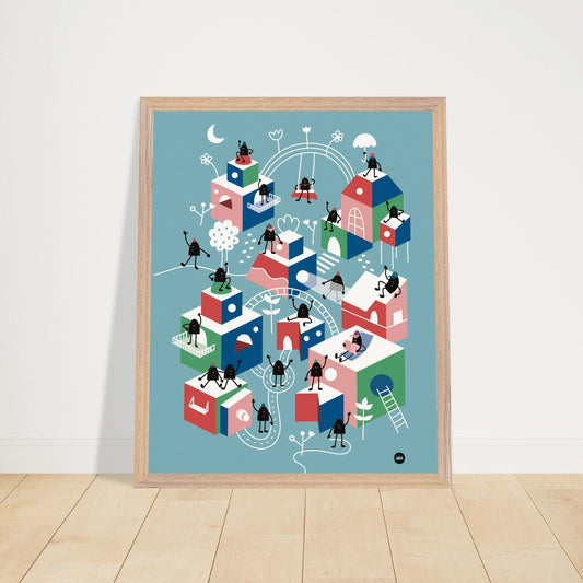 Grande affiche décorative pour chambre d'enfants aux motifs urbains colorés remplie de petits personnages et de maisons cubiques