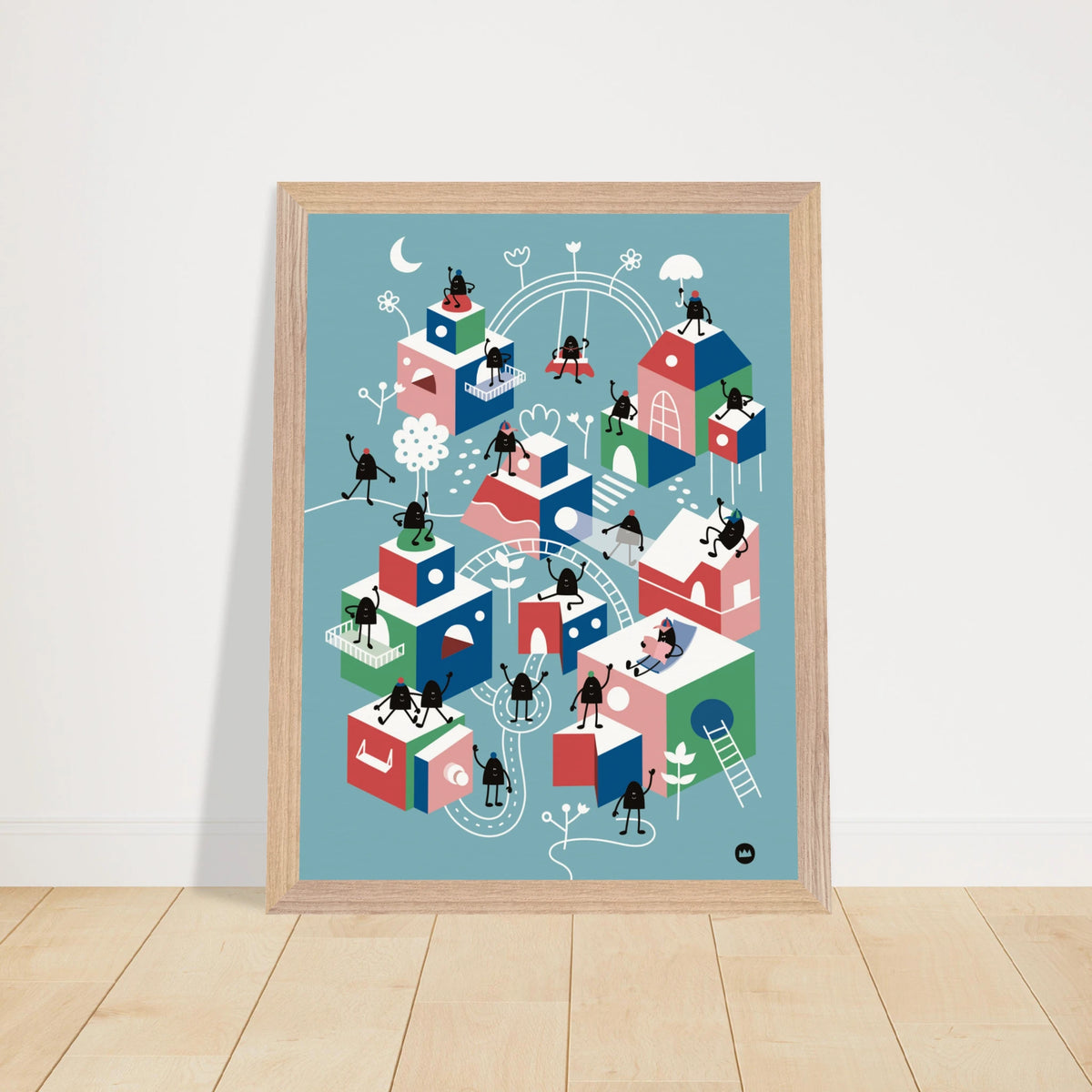 Grande affiche décorative pour chambre d'enfants aux motifs urbains colorés remplie de petits personnages et de maisons cubiques