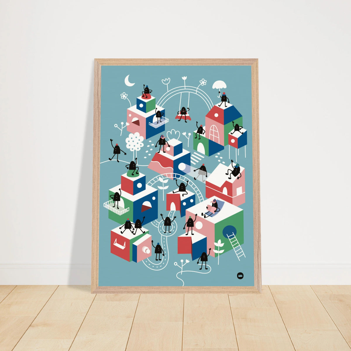 Grande affiche décorative pour chambre d'enfants aux motifs urbains colorés remplie de petits personnages et de maisons cubiques