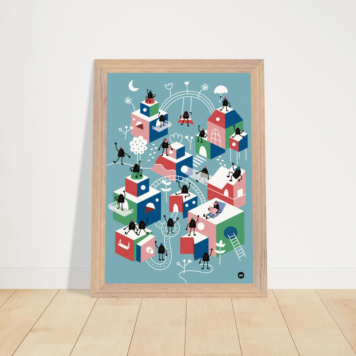 Grande affiche décorative pour chambre d'enfants aux motifs urbains colorés remplie de petits personnages et de maisons cubiques