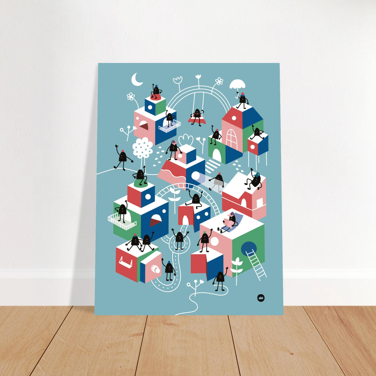 carte décorative aux motifs urbains colorés remplie de petits personnages et de maisons cubiques