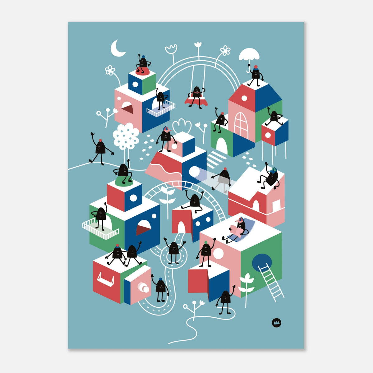 carte décorative aux motifs urbains colorés remplie de petits personnages et de maisons cubiques