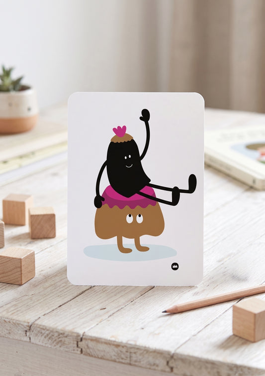 Carte postale et illustration pour décoration de chambre d'enfant représentant un petit personnage rigolo sur un gâteau